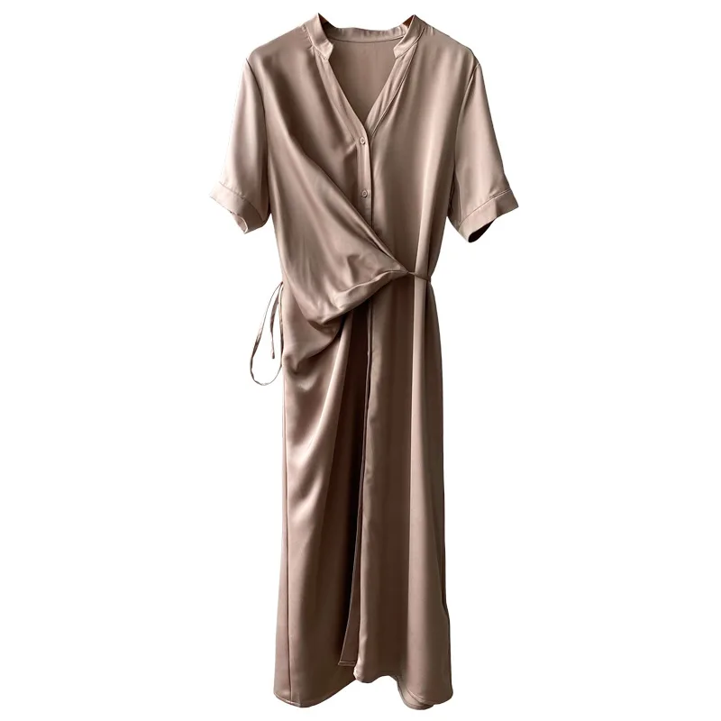

2021 new Summer Maxi Dress Women Satin Sexy V Neck Short Sleeve Holiday Long Beach Sundress Ladies Lace Up Wrap Party Dresses