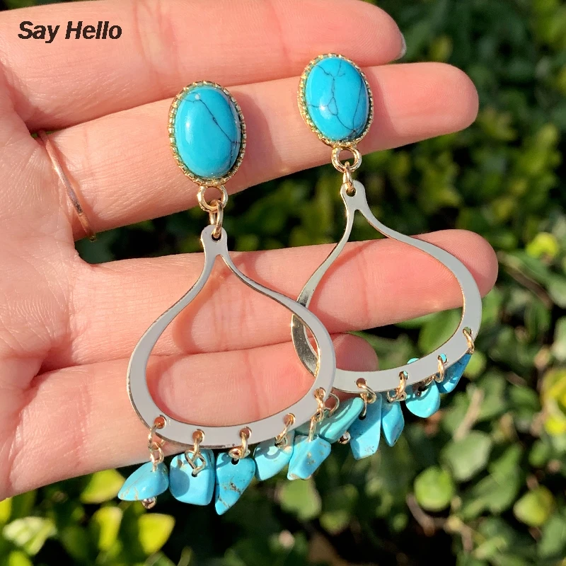 Серьги кольца с бирюзой и камнем неправильной формы|Серьги-кольца| |