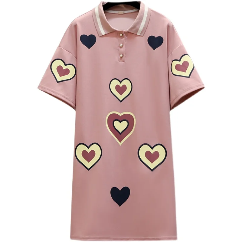 

4XL Plus Size Dress For Women New 2021 Ladies Summer Heart Shape Printing Turn-down Collar Short Sleeves Casual Loose Dresses