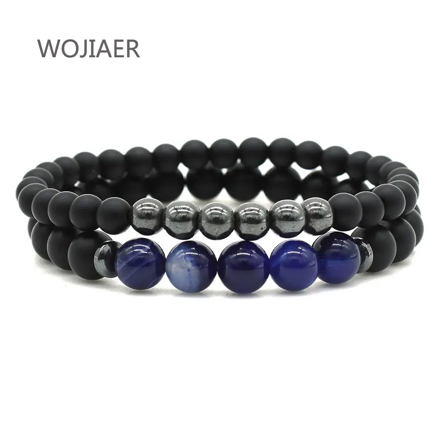 

WOJIAER Hematite Bracelets for Lovers Charms Natural Stone Matte Black Prayer Beads Men Meditation Jewelry 2pcs/Set ZM2173