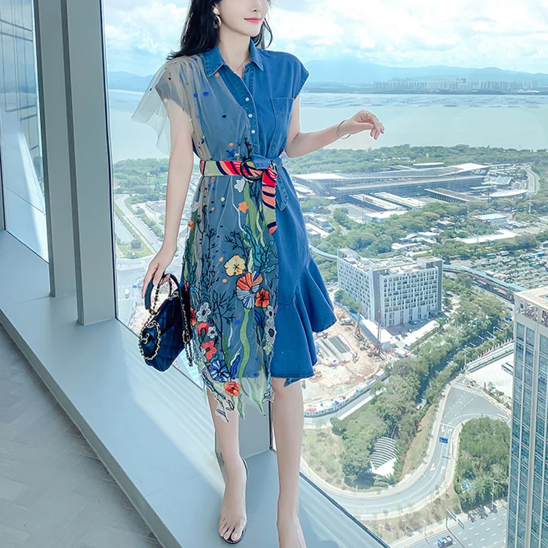 

Streetwear Patchwork Denim Dress Women 2021 Summer Shirt Jeans dresses With Belt Plus Size Embroidery Dress vestidos