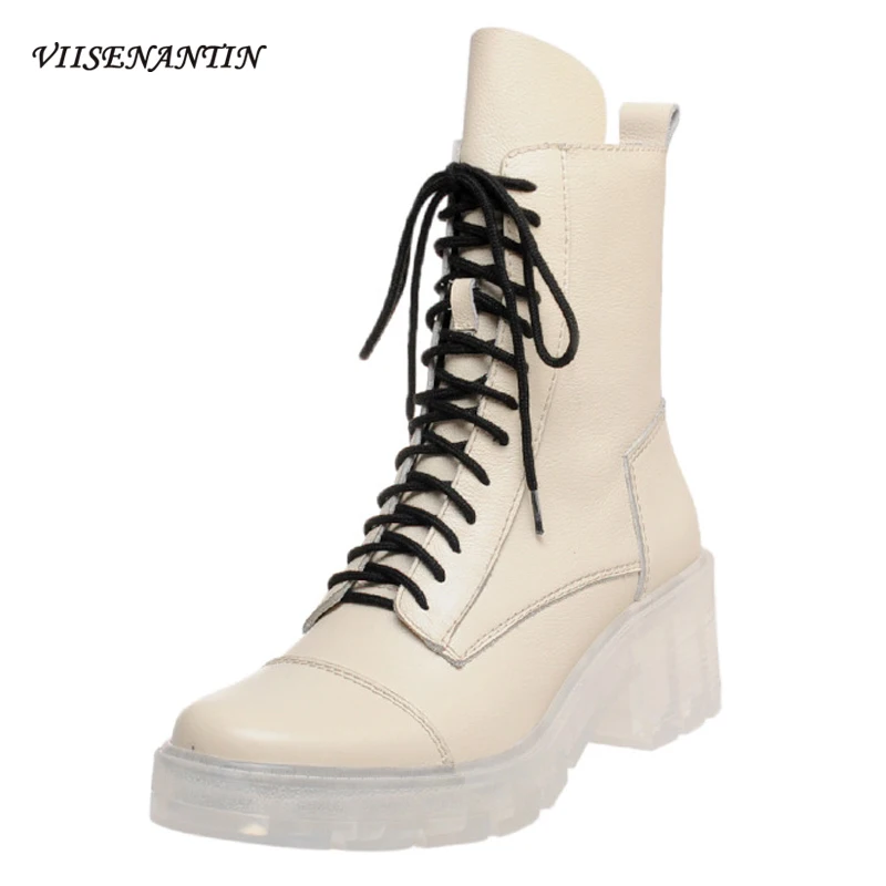 

Корейский стиль, белые женские ботинки, Осень-зима, универсальные прозрачные ботильоны на толстом каблуке и платформе со стразами, со шнуро...