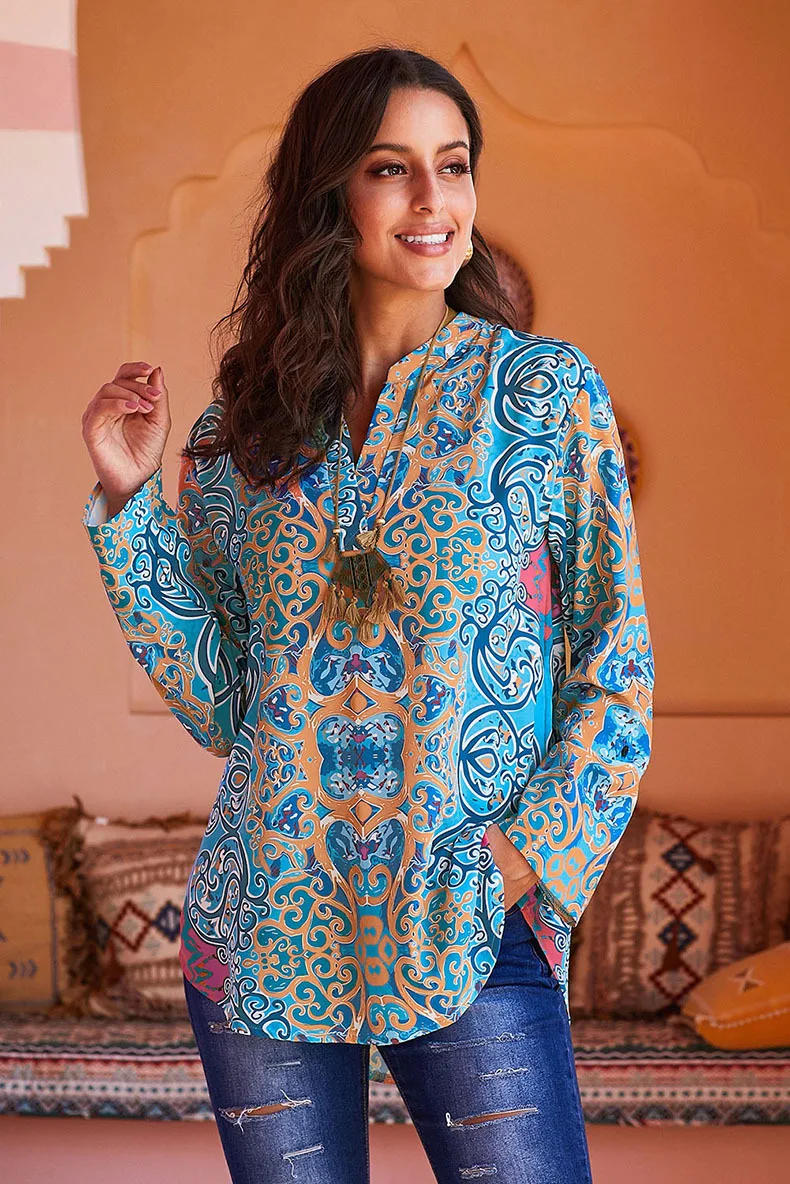 Женская винтажная блузка с принтом и длинным рукавом размера плюс топы