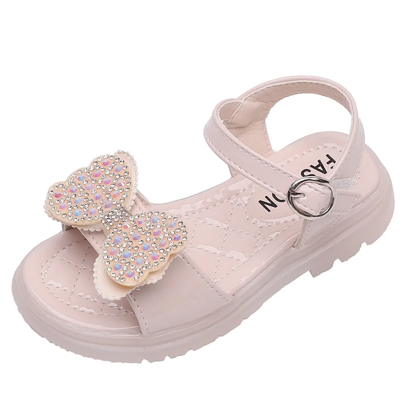 

2021 Summer New Girl Rhinestone Bow-knot Fashion Sandals Children Cute Princess Shoes Girls Beach Shoes Sweet for Wedding Flats
