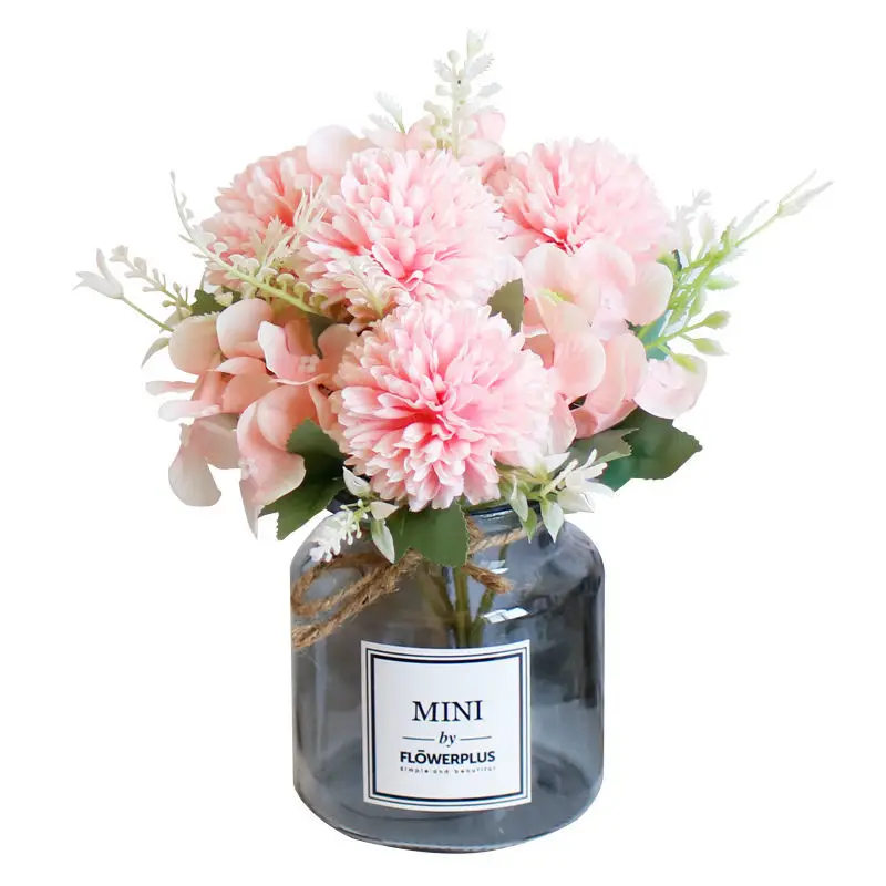 

Hydrangea Rose Artificial Flower Set(Flower+Vase) Glass Vase Artificial Plants Potted Wedding Decoration Fake Flower