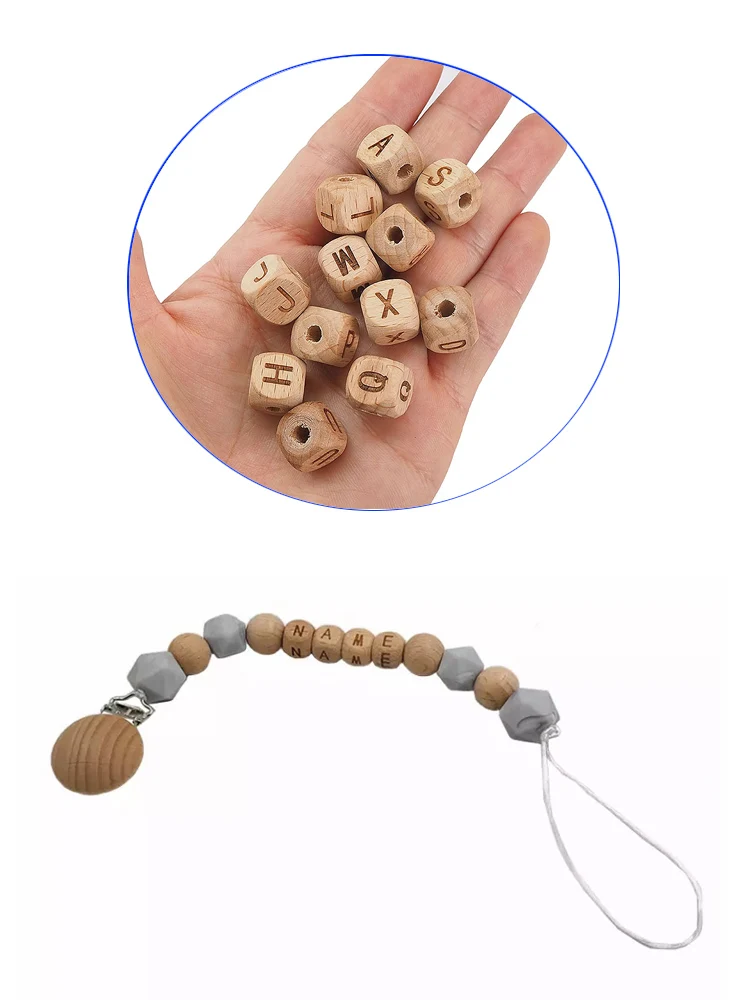 Cuentas cuadradas de madera del alfabeto para beb&eacute;s, Cuentas de letras a-z para beb&eacute;s, masticables, accesorios de cadena de chupete de lactancia, 5 uds.-5