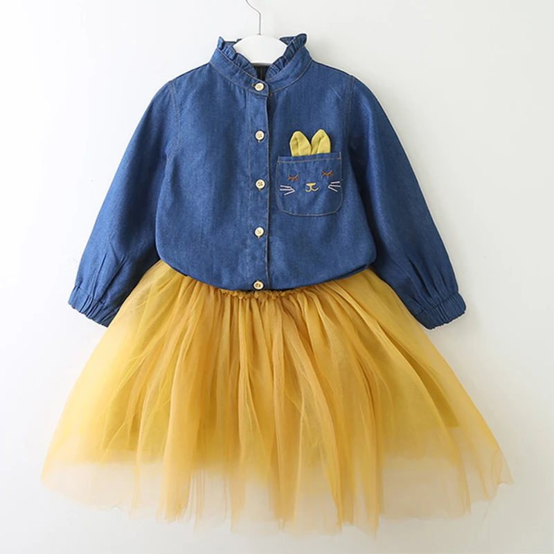 01yellow az1778 Bear leader/платье для девочек повседневное стильное рождественское платье джинсовая рубашка с длинными рукавами и вышивкой с героями мультфильмов+ Сетчатое платье Одежда для девочек из 2 предметов - Цвет: 01yellow az1778