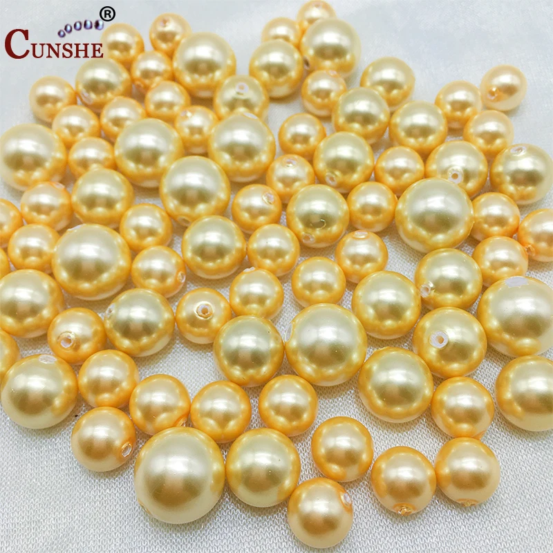 Круглые жемчужные бусины из натуральной ракушки незакрепленные золотистые для изготовления ювелирных
