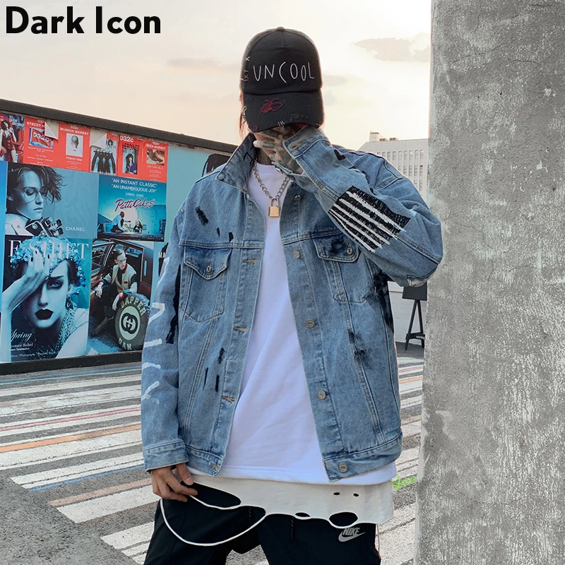 Мужская джинсовая куртка Dark Icon синяя из денима в стиле хип хоп уличная одежда