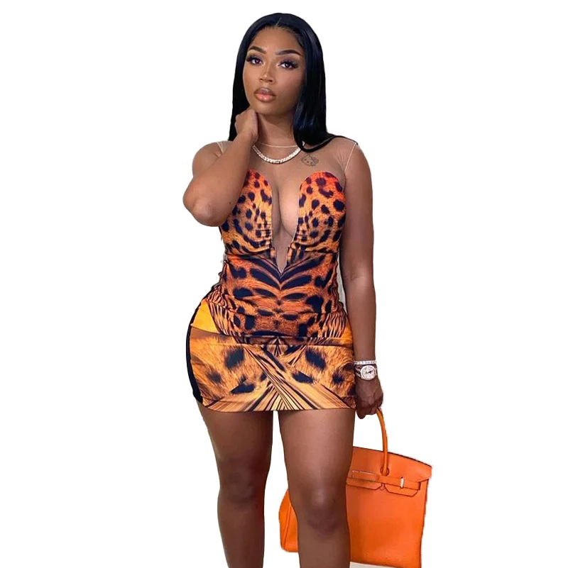 

Zoctuo Leopard Print Sheath Dresses For Women Lace O-neck Sexy Sleeveless Dresses Fashion Casual Summer Mini Dresses Party Club