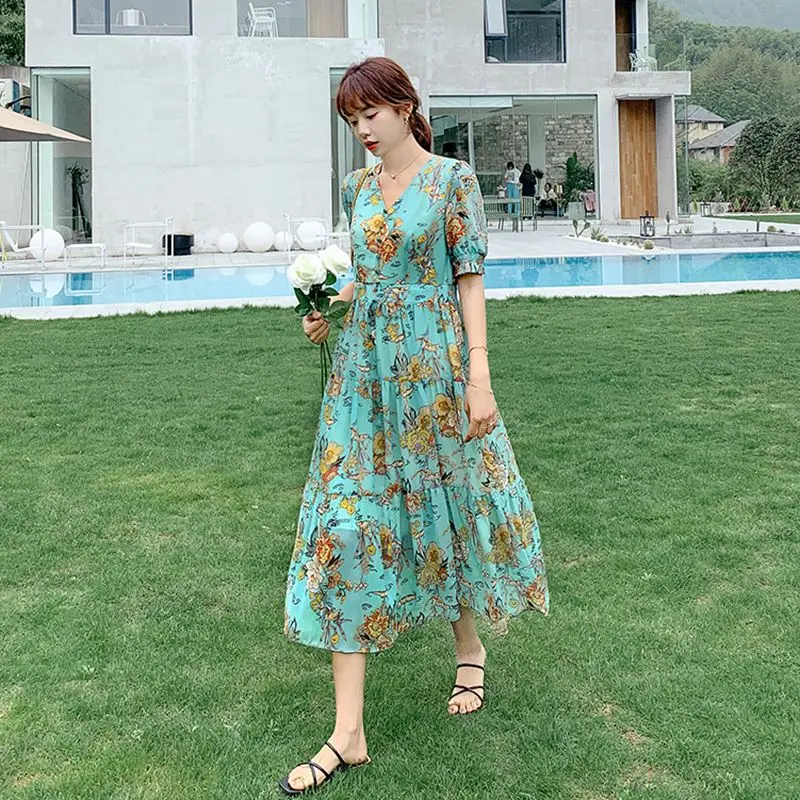 

COIGARSAM Fashion Loose Women dress New Summer Floral Print Dresses Blue Pink 9110
