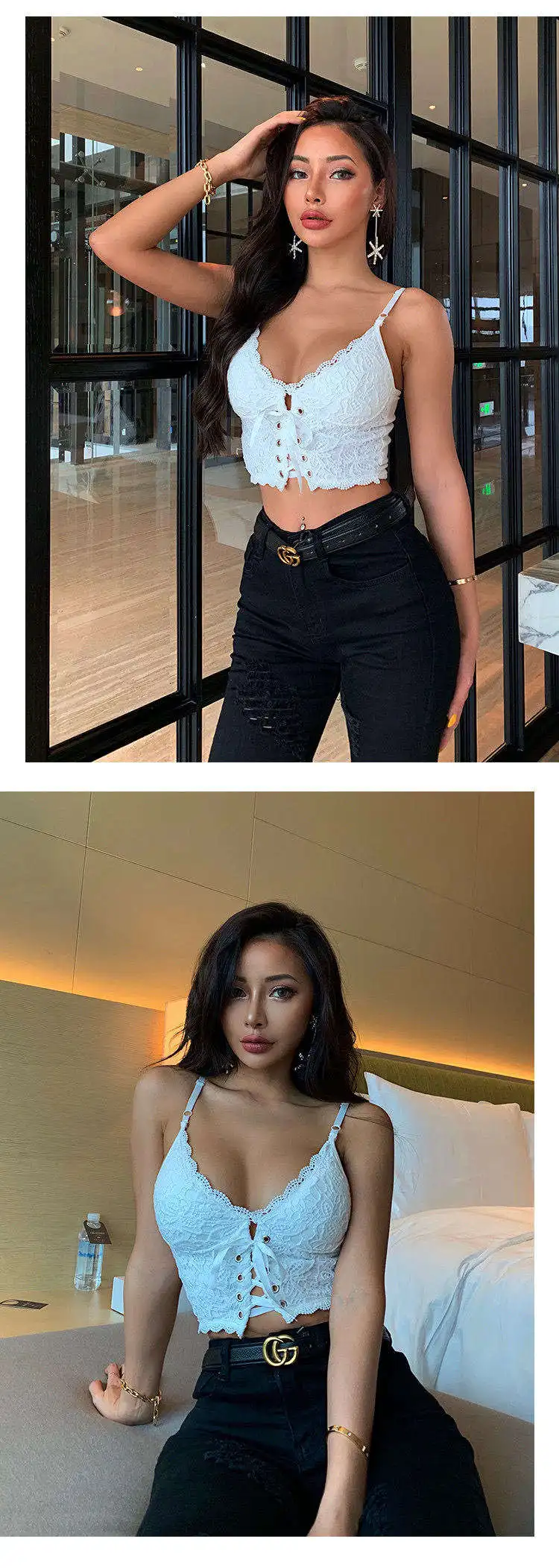 XIBANI Sexy Lace Strap Backless Short Women Crop Top Nightclub Solid Black Lace Up Summer Beach Boho Women Camis Top Tank Top
