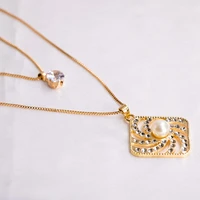 2021 new fashion jewelry square geometric pearl shiny necklace set two piece set stylish round pendant gift for women