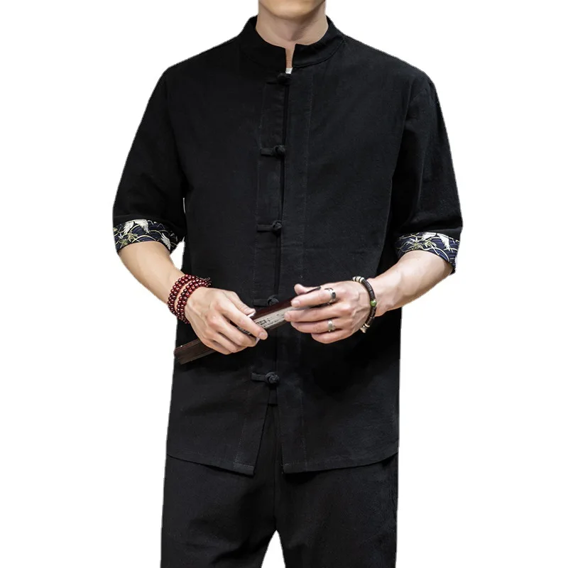 

2021 Men's Summer New Stand Collar Cotton and Linen Loose Frog Buckle Shirt Half Sleeve Color Matching Fashion Casual Shirt