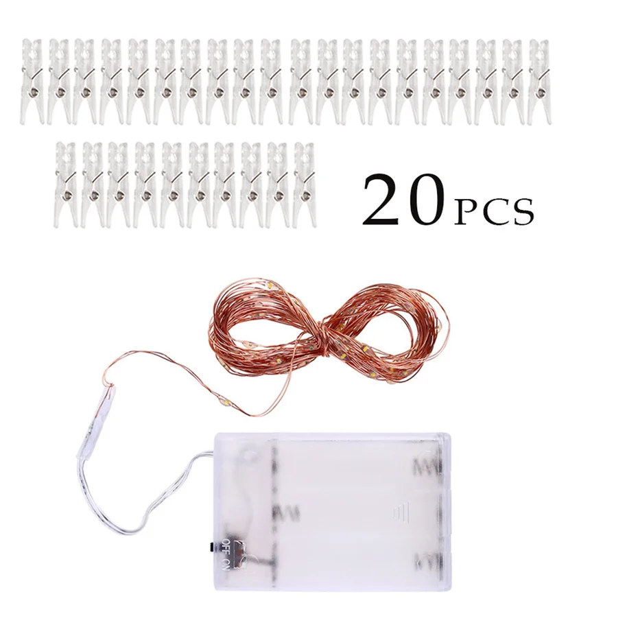 LED Garland With Clothespins Photo Holder Battery Power 5/10M Copper wire Fairy Light 20/50 clips Decoration For Christmas Party | Лампы и