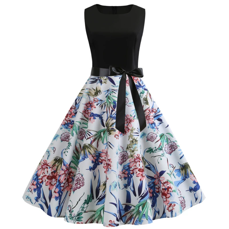 TITAME Women Vintage Dress Sleeveless Valentine Big Swing Elegant Print Party Dresses Robe Plus Size | Женская одежда