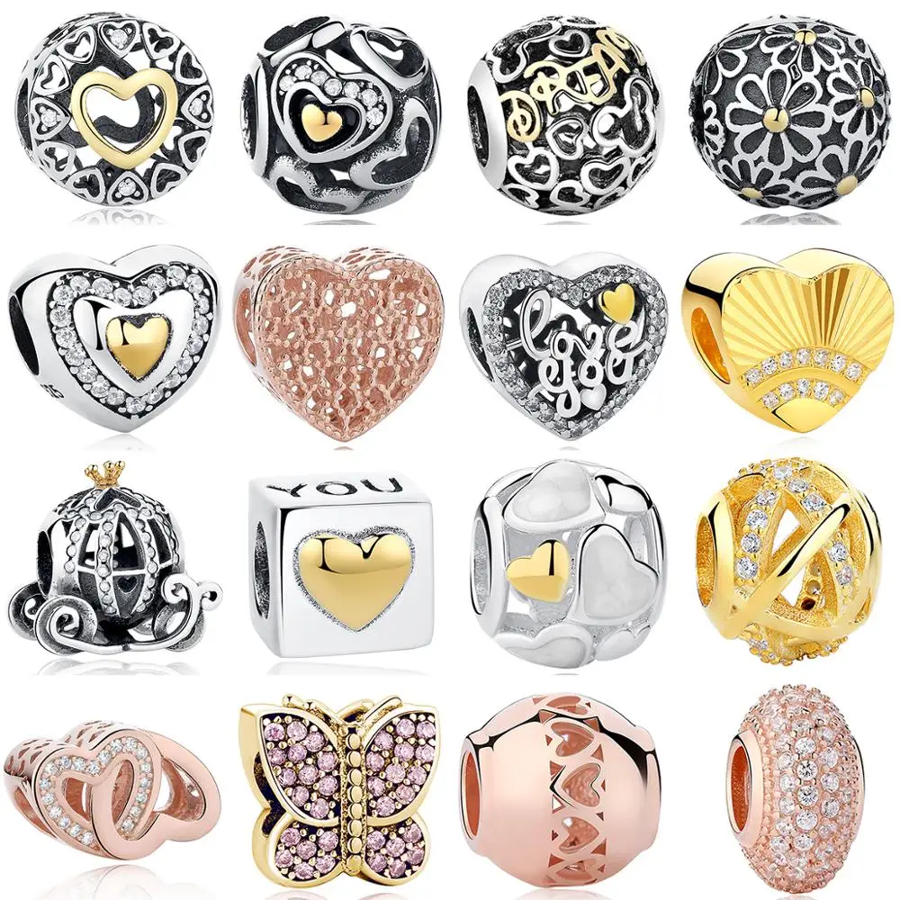 Подходят оригинальный браслет с шармами стерлингового серебра 925 Золотое сердце