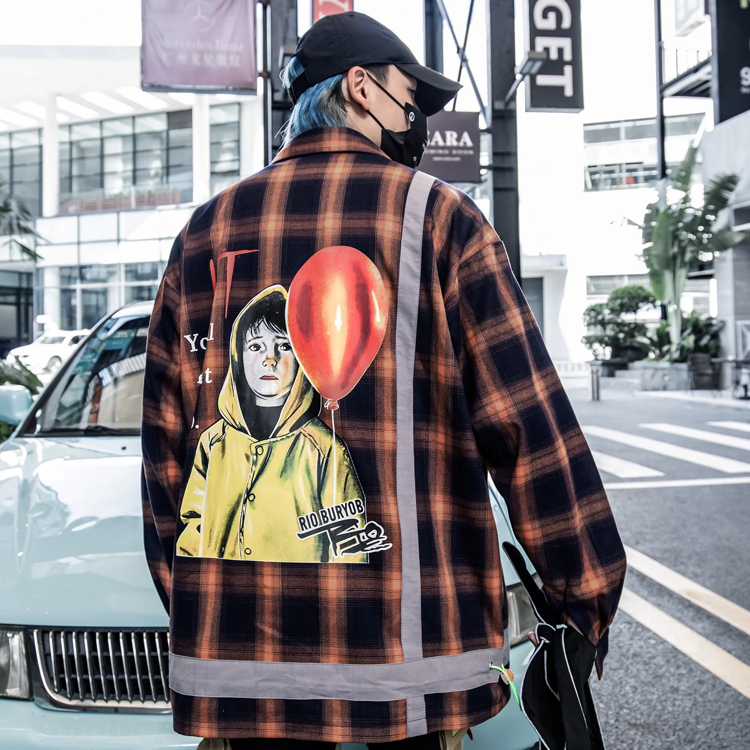 Мужская рубашка в клетку с рисунком воздушных шаров для мальчиков Модная уличная