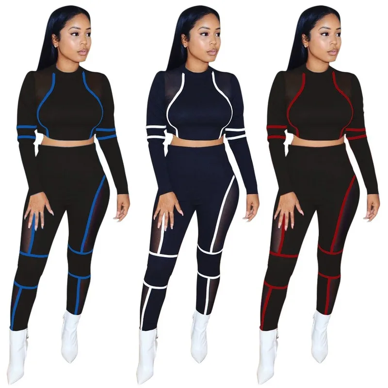 2019 New Mesh Patchwork Women's Sporty Suits Long Sleeve Crop Top T-shirt Jogging Women Fitness Joga Mujer Training Set | Женская