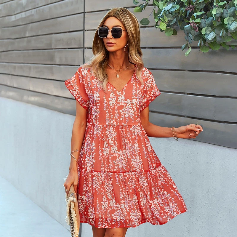

Women's Printed Dress, V-neck short sleeve sexy dress, A-line, sweet and pure, 2021