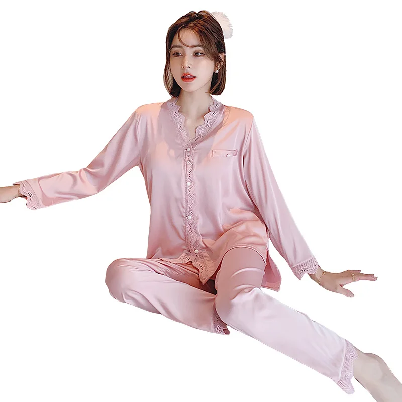 2021 New Spring Autumn Women's Pajamas Lace Sexy Nightwear Long Sleeve 2Pcs Home Suit Solid Color Cardigan Suit Korean Version