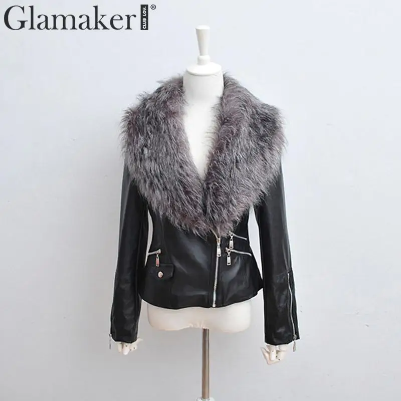 Glamaker/черная зимняя кожаная куртка с искусственным мехом на молнии пальто женская