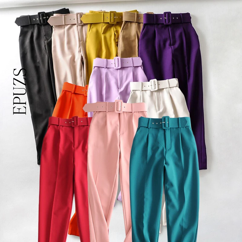 

elegant belt office black purple pants women high waist pencil pants winter autumn casual ladies trousers 2022