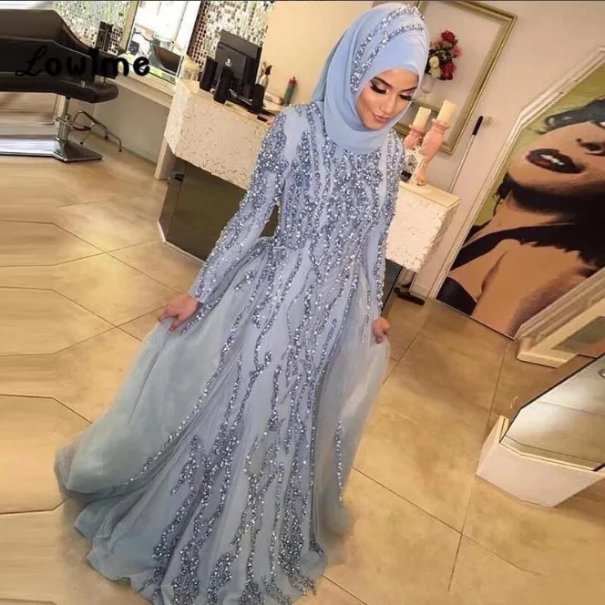 

Luxury Muslim Abiye Dubai Grey Beaded Mermaid Evening Gowns With Train Women Long Sleeve Evening Dresses Formal Party Gowns