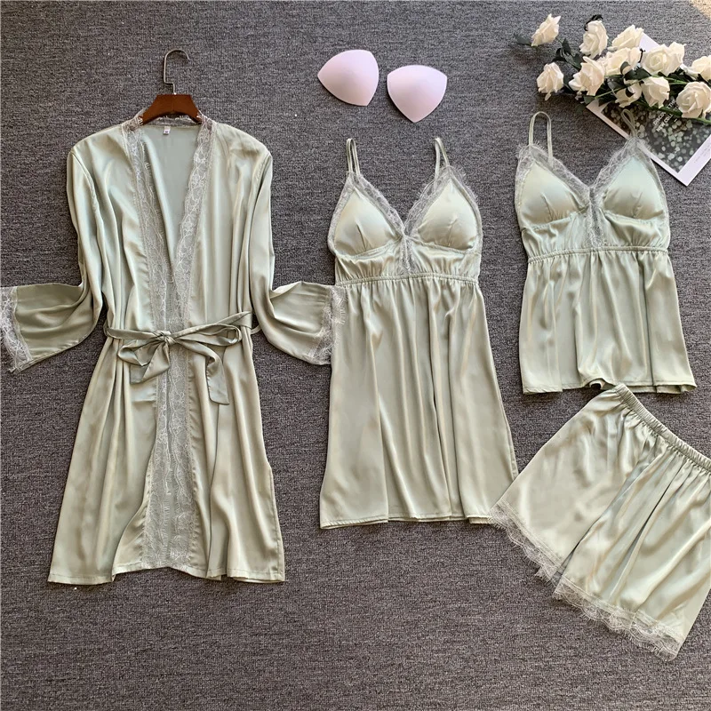 

2020 Four Pieces Female Sexy Silk Pajamas Set Robe Sling Pajamas Bathrobes Vest Short Women Nightgown Sleepwear