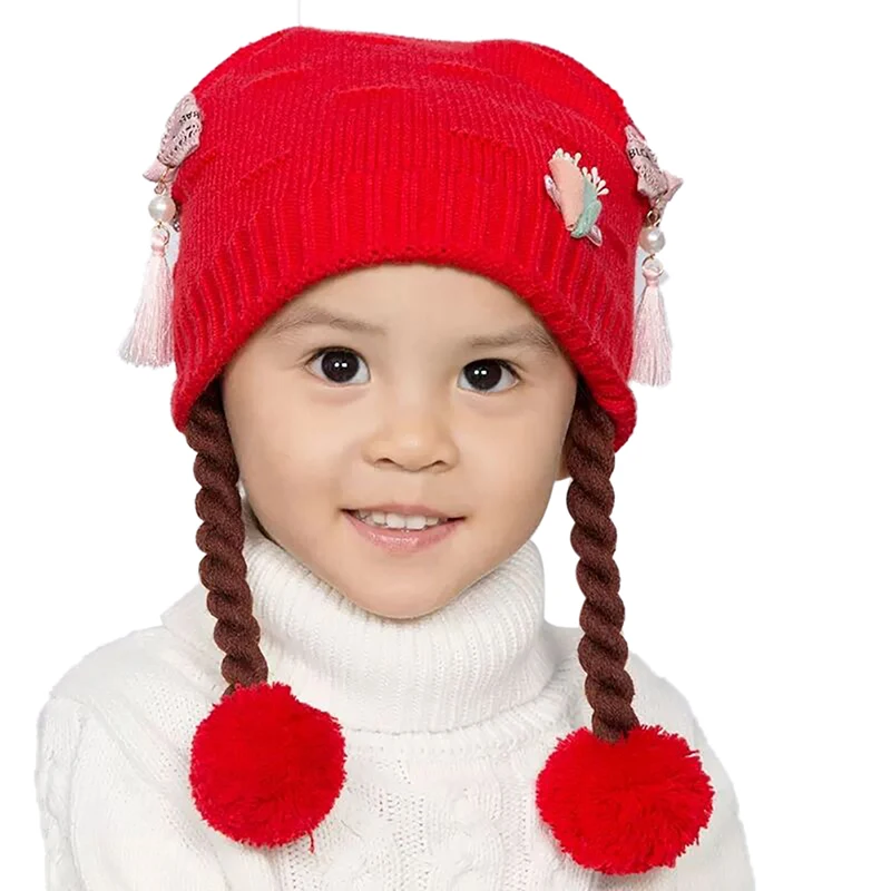 

Winter Warm Toddler Baby Girl Earflap Hat Kids Cute Knit Beanie Embroidery Caps With Fake Braid