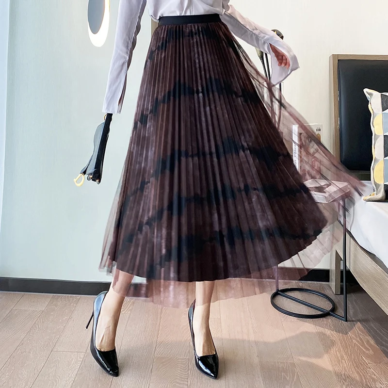 

Bohemian Tie Dye Print Skirt 2021 Spring Summer Chic Hawii Female Long Pleated Skirt Boho DOuble Sided Wears Beach Skirt