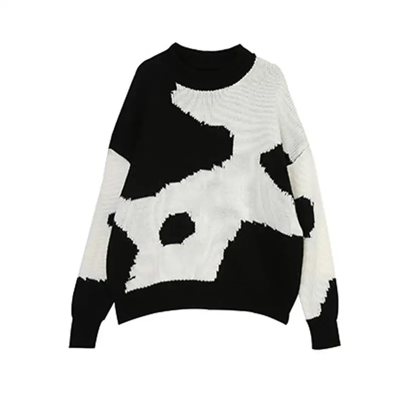 

Vangull Black White Print Women's Sweater Autumn O Neck Casual Loose knitted Pullovers Long Sleeve Fashion Ladies Sweater