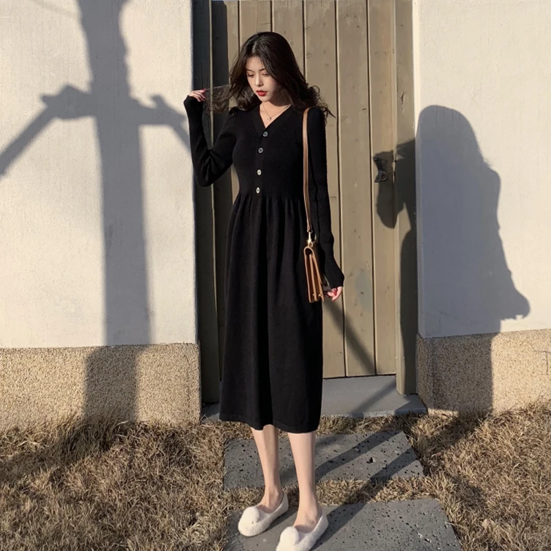 

Black Sweater Dress Women Sexy V-neck Elegant Office Knitted Dress Female Long Sleeve One-piece Dress Korean 2020 Autumn Winter