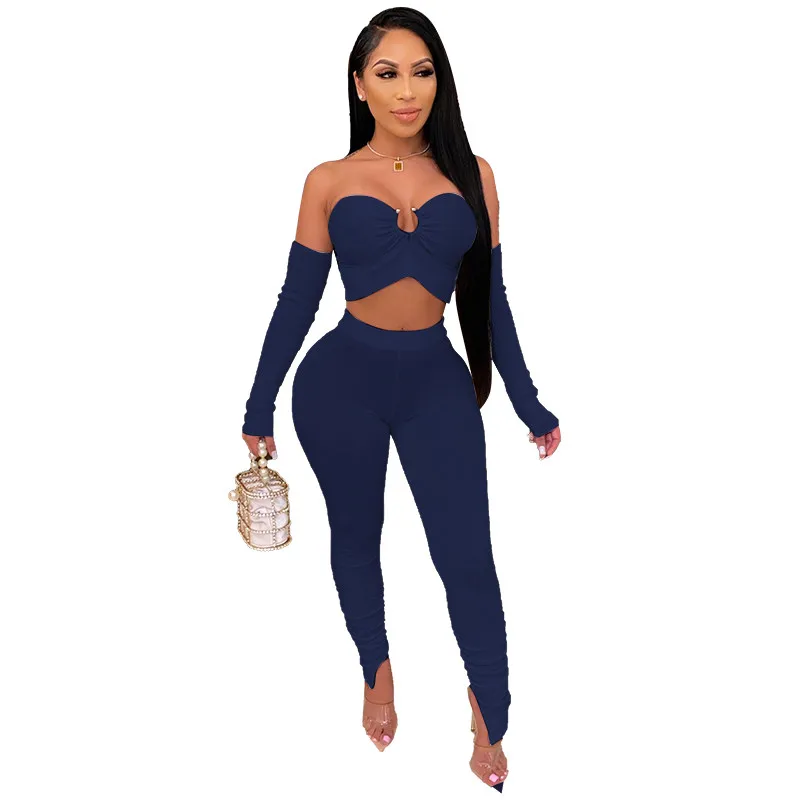 

Women Fashion 3-piece Outfit Set Off Shoulder Solid Color Crop Top+Stacked Pants+Sleeves Set Lady Tracksuit Club Outfits 2021