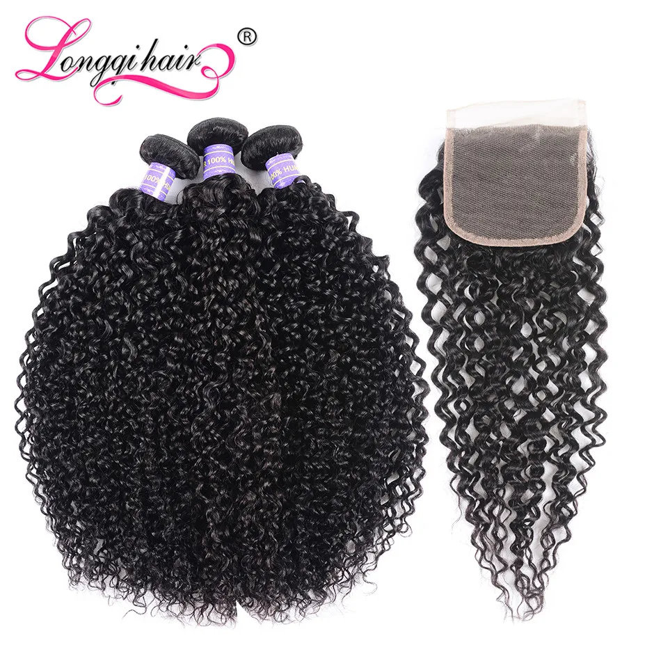 Longqi волосы монгольская причудливая завивка пучки волос с закрытием Remy