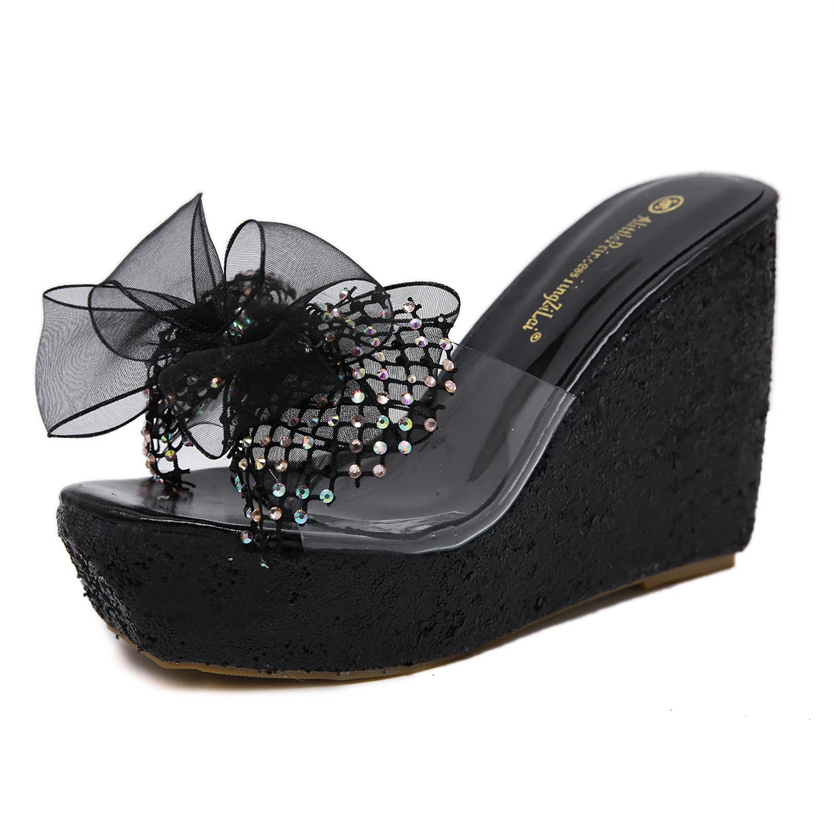 

12cm wedge super high heel sandals rhinestone waterproof platform thick sole sweet bow transparen YOBW