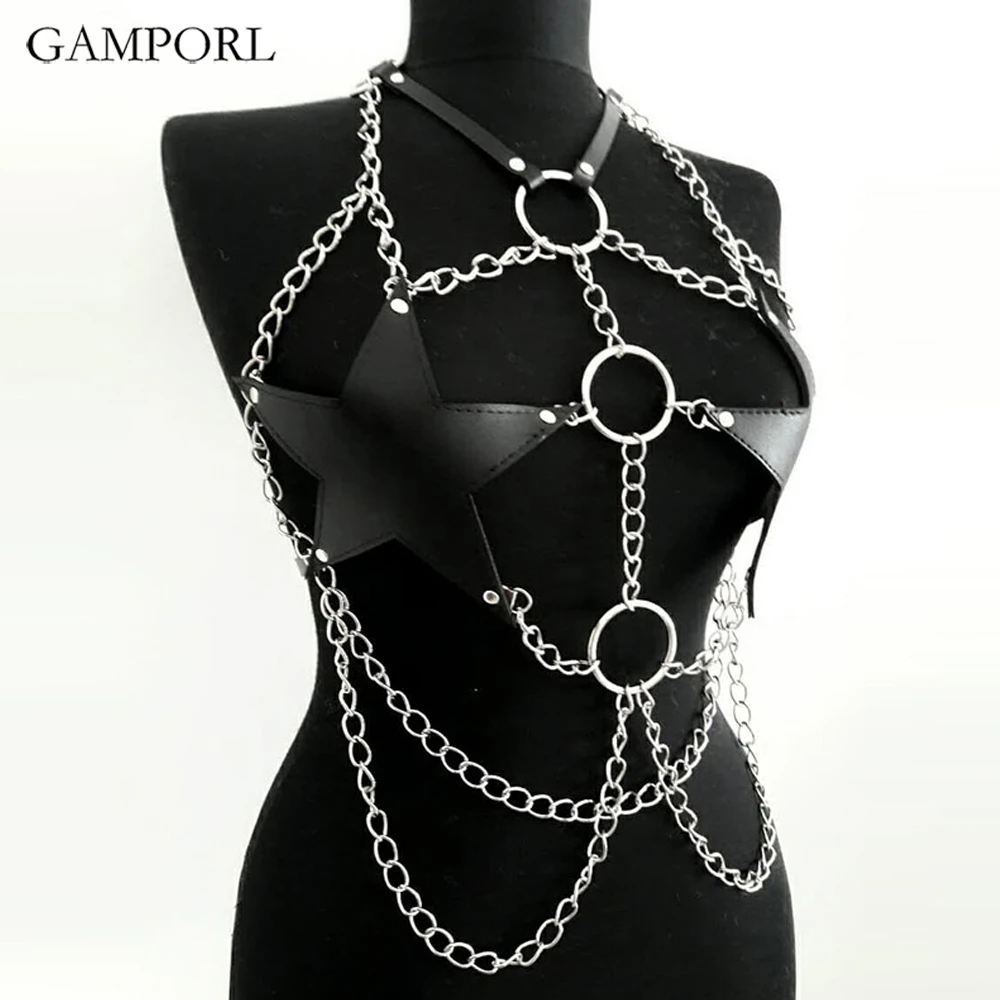 GAMPORL кожа портупея цепь для женщин Подвязки Пояс пентаграмма Пастельная грудь