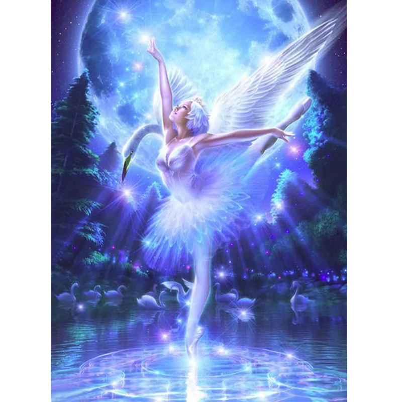Полностью круглая алмазная живопись пейзаж лебедь девушка вышивка крестиком