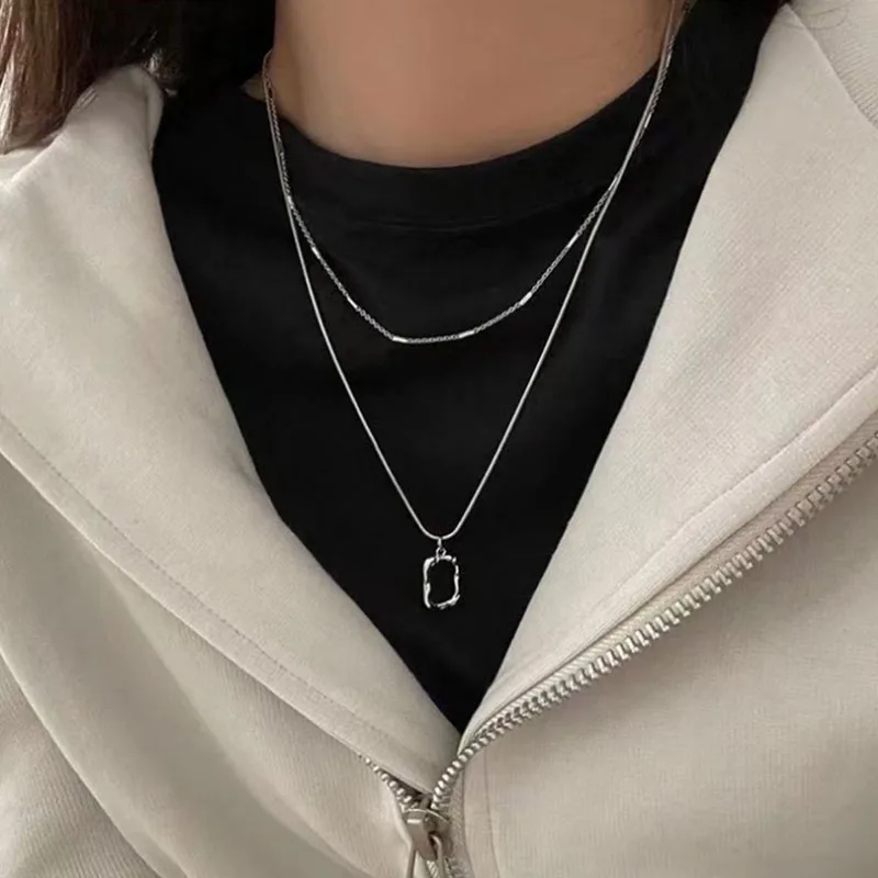 

VENTFILLE 925 Sterling Silver Irregular Hollow Square Pendant Double Necklace Female Fashion Simple Clavicle Chain Light Luxury