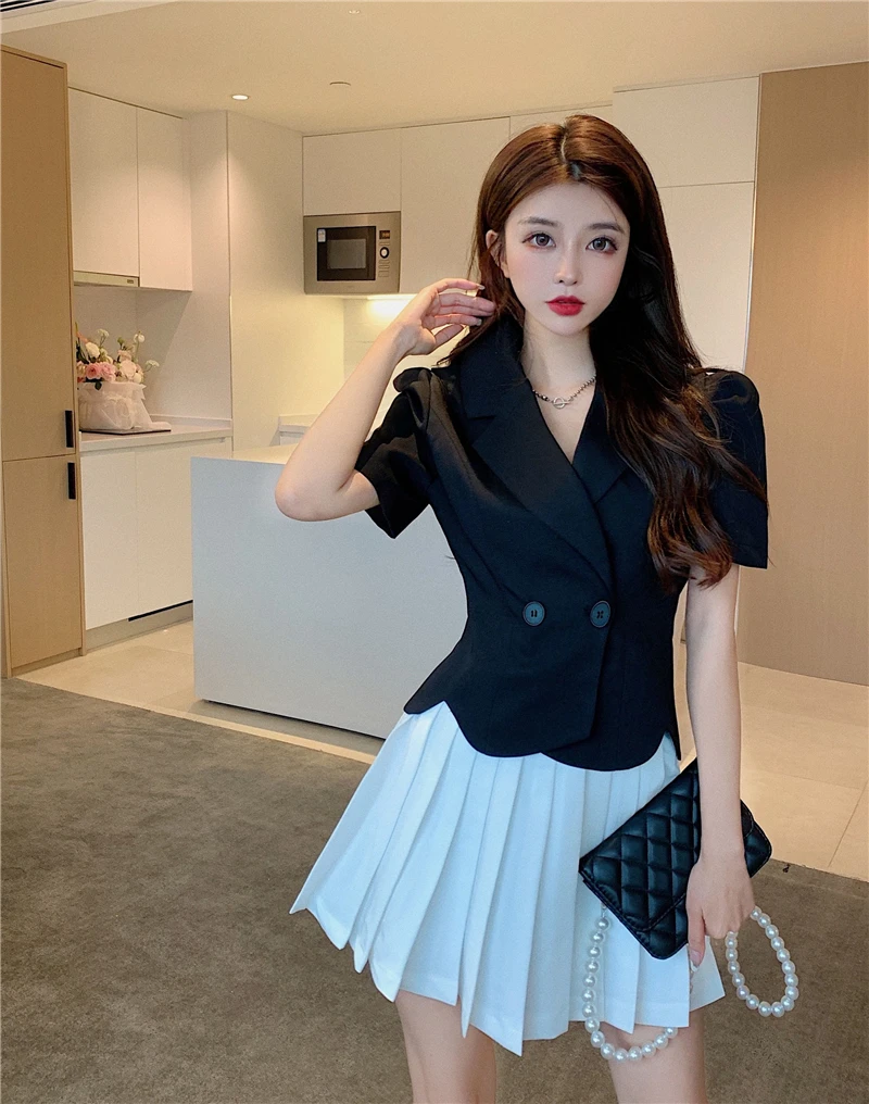 

2PCS Women Summer 2021 Blazer Coat + Short Skirts Sets Elegant Short Sleeve OL Suits Korean Ladies Clothing Set Female 5369#