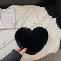 heart shaped furry bag soft fluffy bags solid faux fur shoulders bags pearl plush clutch bag for women 2021 new ladies purse sac