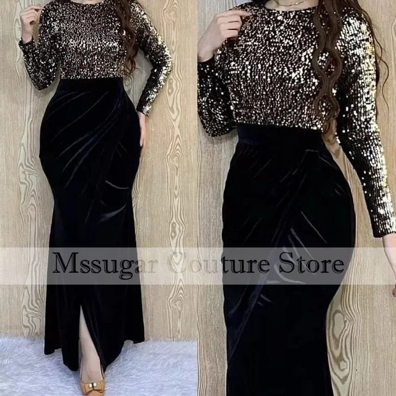 

2021 Stuning Sequins Mermaid Prom Dresses Longsleeves Pleating Evening Dress Robe De Soirée Femme