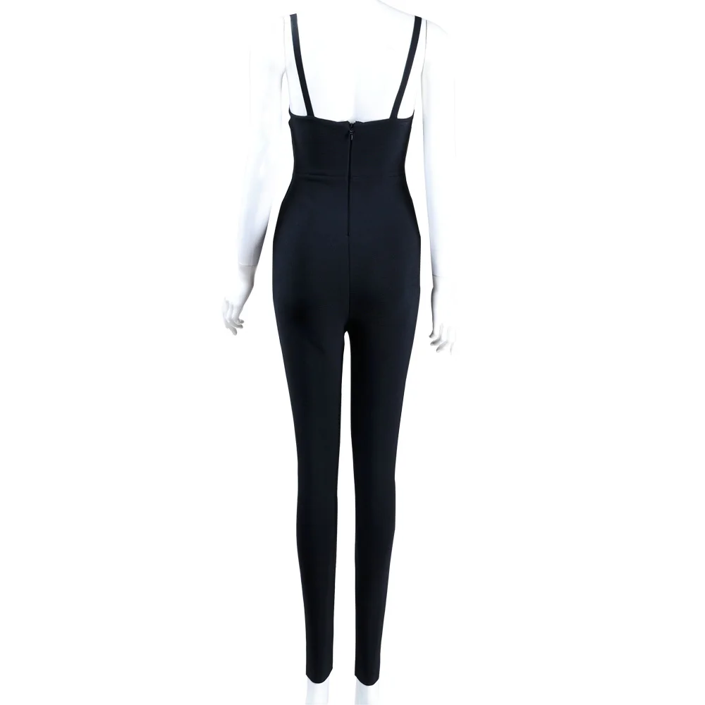 

Spaghetti Strap Sexy Jumpsuits Women Black Sleeveless Rayon Knitted V-Neck Evening Club Bodycon Playsuit Bandage Jumpsuit