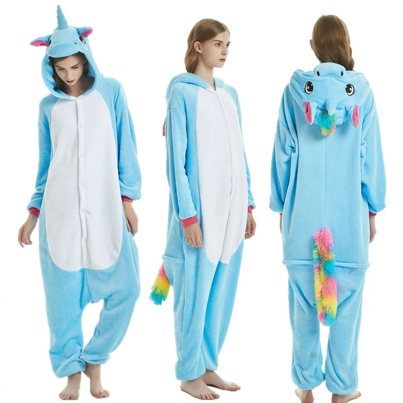 Blue Pegasus Women Pajama Suit Kigurumis Animal Unicorn Onesie Homewear Colorful Tail Sleepwear Flannel Adult Pijamas Party