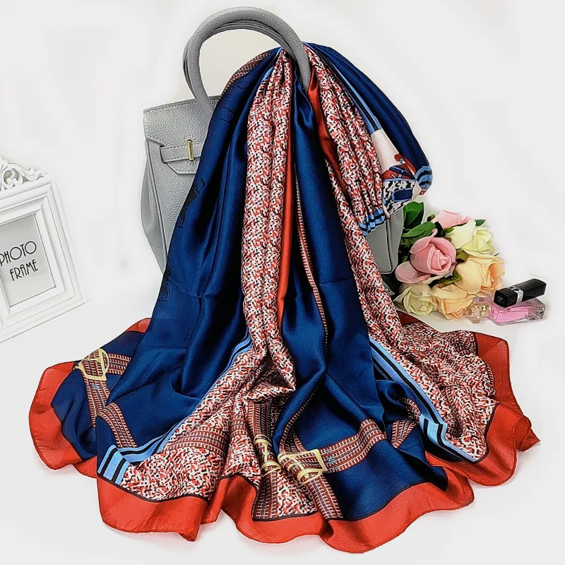 

Popular Color Matching Print Silk Scarves Summer 180X90CM Handkerchief Female Dustproof Beach Towel Fashion New Sunscreen Shawls