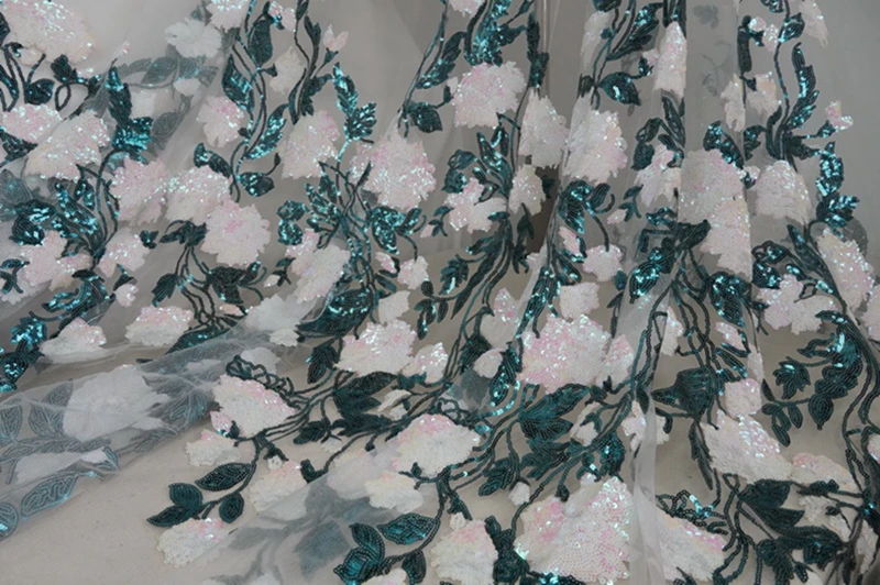 

1Y/Lot Multi-colorful Sequins Beads Flowers Embroidered Lace Fabric Heavy Handmade Clothing Skirt Dress Mesh