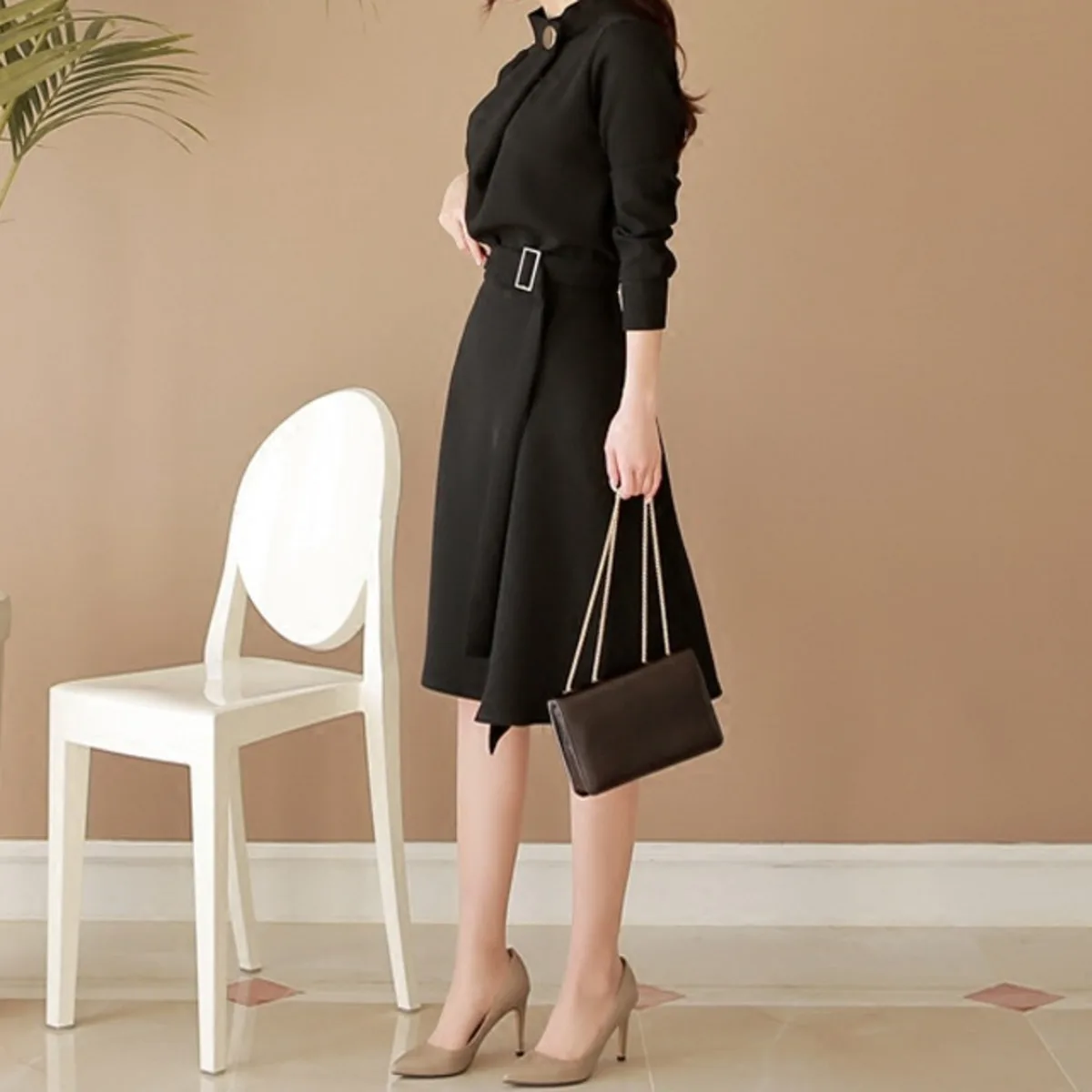 

BacklakeGirls Black Elegant Office Dress 2020 Wine Red High Waist Belt Design A Line Chiffon Long Sleeves Party Women's Dresses