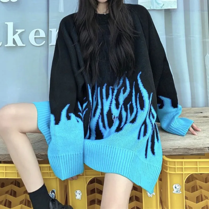 Gagaok Loose Harajuku Women Sweater Knit Top Spring Autumn Flame Sweaters Female Fashion Long Outfit Pullovers Plus Size | Женская