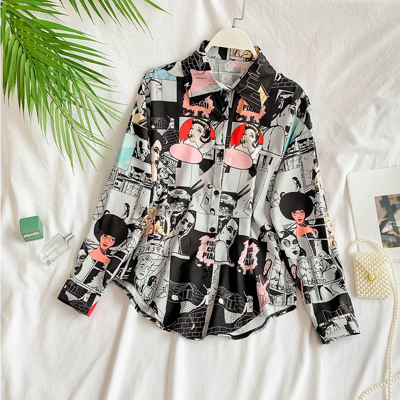 

Женские топы в стиле Харадзюку С мультяшным принтом, свободные модные рубашки с длинным рукавом в стиле «бойфренд», блузка для девочек на ве...