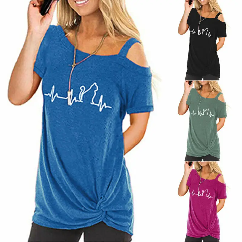 

VICABO Womens Tops Ladies Summer Heartbeat Print T-shirts Short Sleeve Cold Shoulder Female Tops Woman Tshirts
